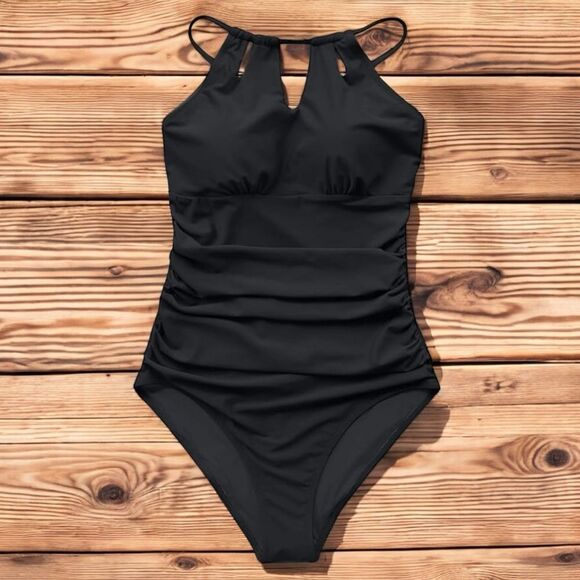 NWT Cupshe Black High Neck Keyhole One Piece Swimsuit Size Medium Tummy Control - Picture 2 of 14